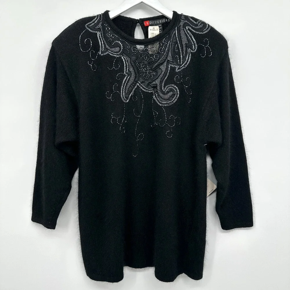 Vintage IB Diffusion Sweater‎ Size 2X Beaded Shoulder Pads Silk Romantic New